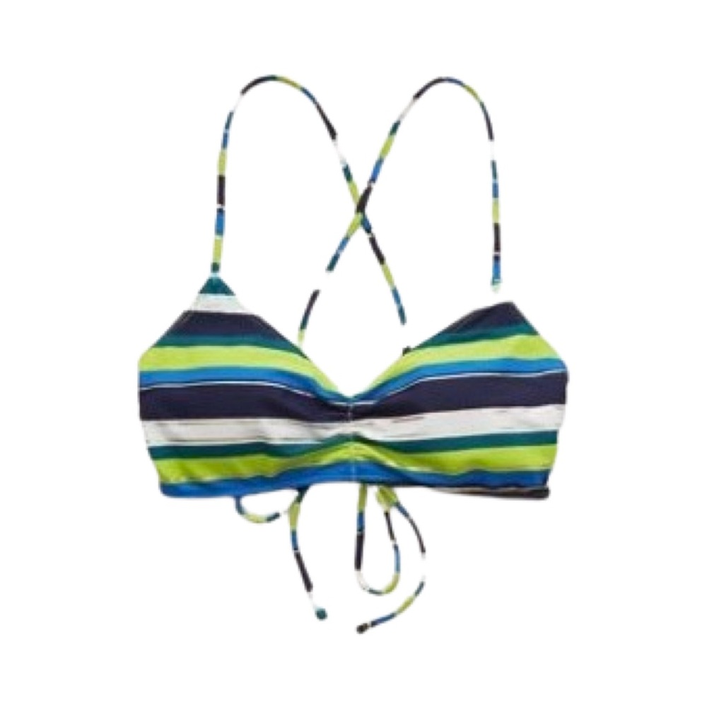aerie swim scoop striped bikini top with blue, green, gold, white stripes